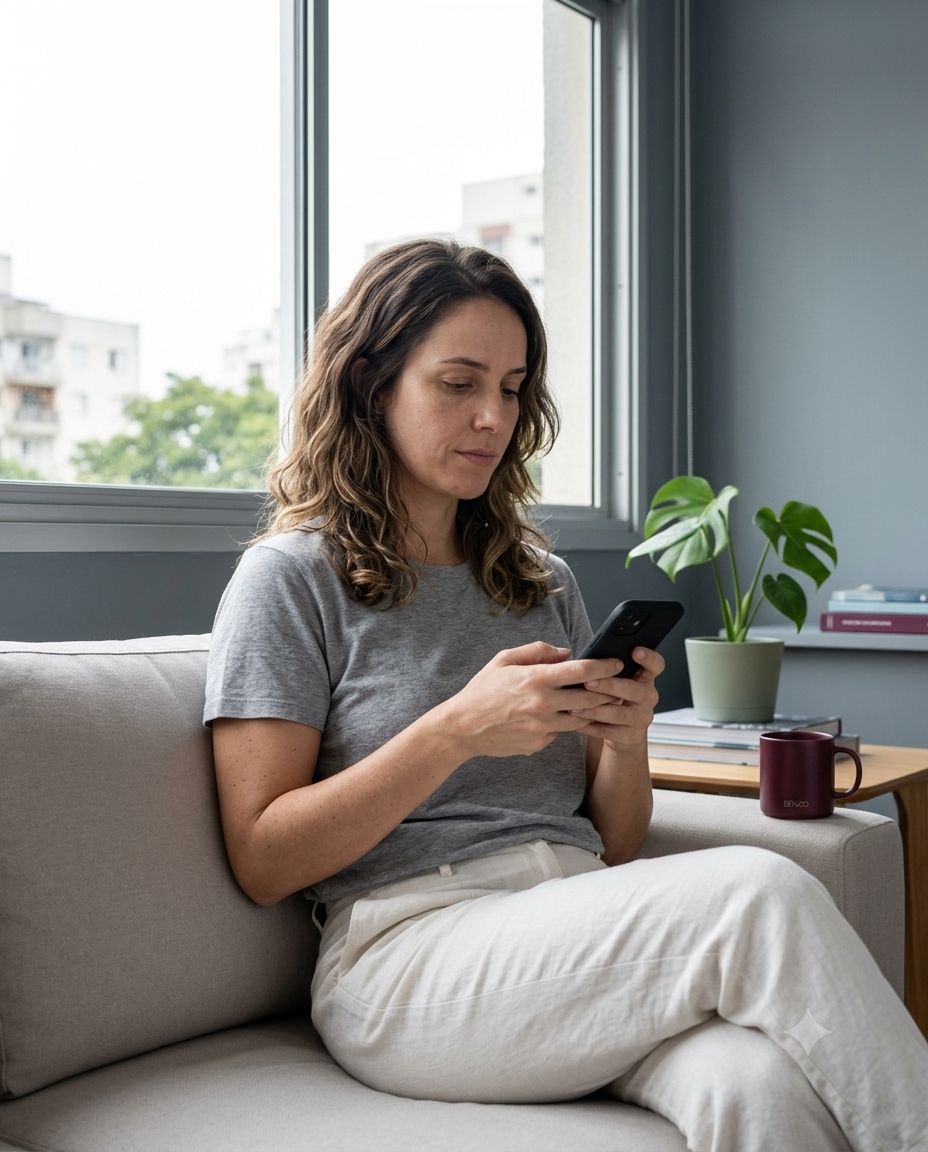 Pessoa lendo uma mensagem no celular, sentada em casa com luz natural